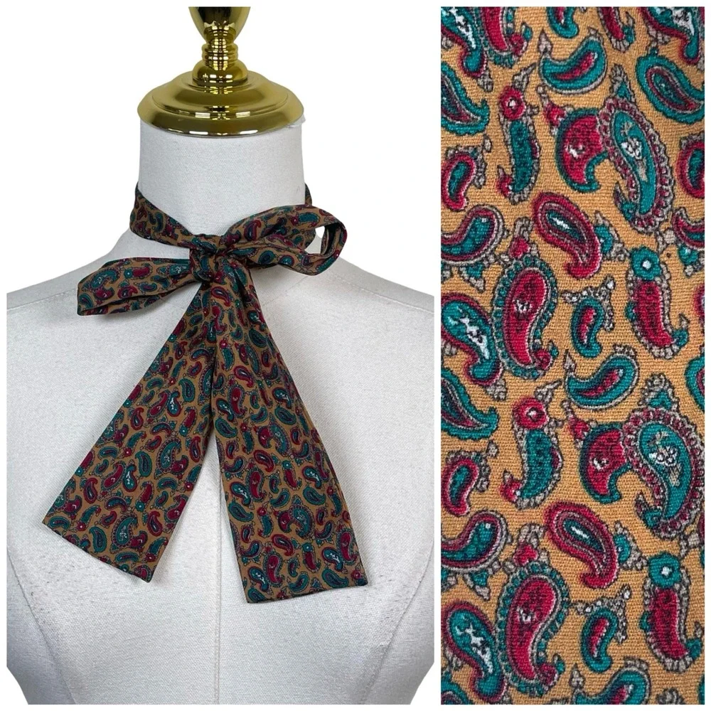 Vintage Paisley Necktie Skinny Scarf Hair Purse Women Brown Boho 70s Retro‎